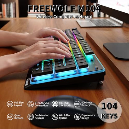 ZIYOU LANG M104 RGB Wireless Keyboard, Low-Profile Silent Membrane Keys, 2.4G Bluetooth USB Wired, Spill-Resistant, Rechargeable Full-Size 104-Key Keyboard for PC Mac, Black - color: Black