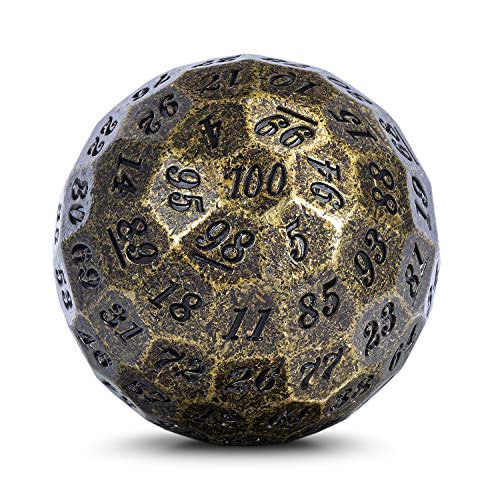 DNDND Old Brass D100 Dice Metal Single 100 Sided Polyhedral Dice with Metal Case and Velvet Pouch(Old Brass with Black Number) - color: Old Brass With Black Number