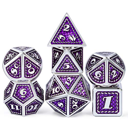 DNDND Metal Dice Set, 7 Pieces Polyhedral Dragon Scale Metallic Die with Gift Metal Case for Dungeons & Dragons D&D (Purple with Silver Edge) - color: Purple With Silver Edge