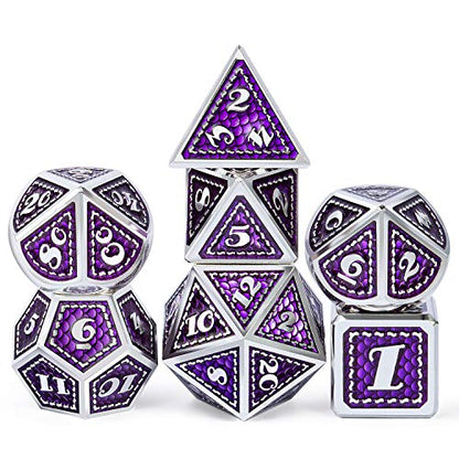 DNDND Metal Dice Set, 7 Pieces Polyhedral Dragon Scale Metallic Die with Gift Metal Case for Dungeons & Dragons D&D (Purple with Silver Edge) - color: Purple With Silver Edge