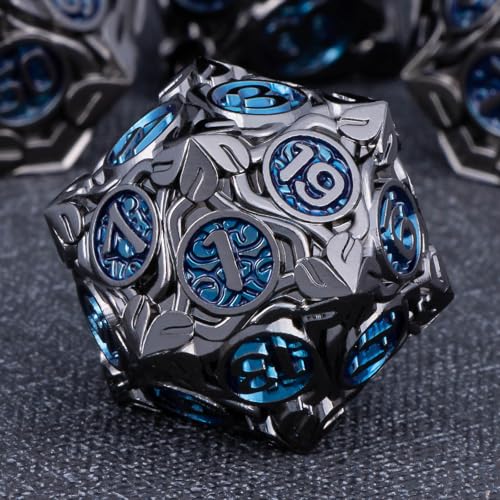 KERWELLSI Metal DND Dice Set D&D, 7Pcs Nature Vines Leaf Role Playing Dice with Gift Box, Black Blue Dungeons Dragons D and D Game Dice D20 D12 D10 D8 D6 D4