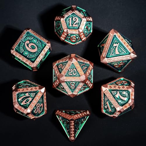 7-Piece Metal Dice Set - Mayan-Themed Zinc Alloy DND Dice for Tabletop Gaming, Gift, and Collecting - color: Mayan-themed-copper Green