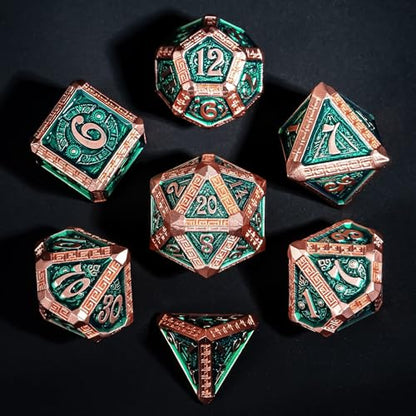 7-Piece Metal Dice Set - Mayan-Themed Zinc Alloy DND Dice for Tabletop Gaming, Gift, and Collecting - color: Mayan-themed-copper Green