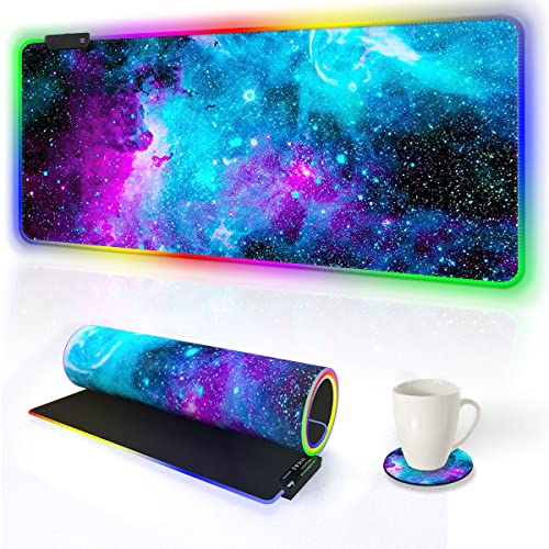 AIMSA RGB Gaming Mouse Pad Extended, Large Led Mousepads Non-Slip Rubber Base with 14 Lighting Modes, Computer Keyboard Mat Soft Desk pad Waterproof 35.4 x 15.8 inches, Galaxy Nebula Universe - color: Galaxy Nebula Universe
