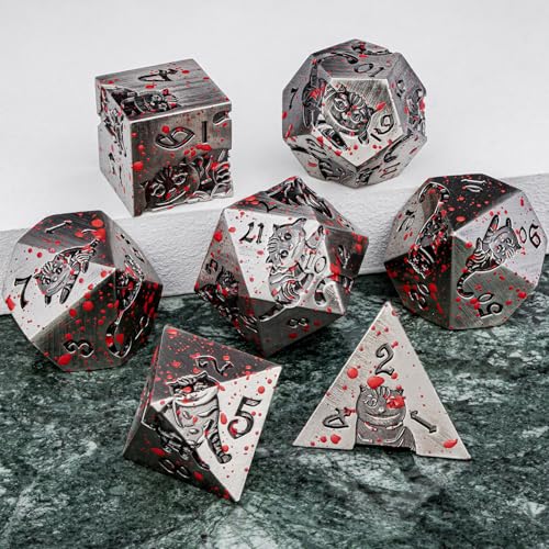 Metal DND Cat Dice Polyhedral RPG Dice Set with Gift Case for Dungeons Dragons Role Playing Game, 7PCS D and D Dice D6 D8 D10 D12 D20 D% (Blood) - color: Cat-ancient Silver+blood