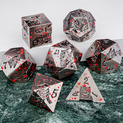 Metal DND Cat Dice Polyhedral RPG Dice Set with Gift Case for Dungeons Dragons Role Playing Game, 7PCS D and D Dice D6 D8 D10 D12 D20 D% (Blood) - color: Cat-ancient Silver+blood
