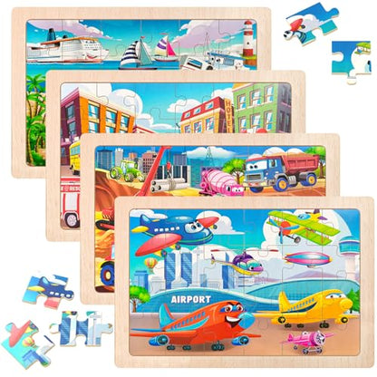 4 Pack Wooden Vehicle Jigsaw Puzzles for Kids Ages 2-4 Toddler Puzzles Gift | Sensory Toys, Preschool Educational Toys, Toddler Puzzles Gift for 3 4 5 Year Old Boys Girls - color: Vehicles