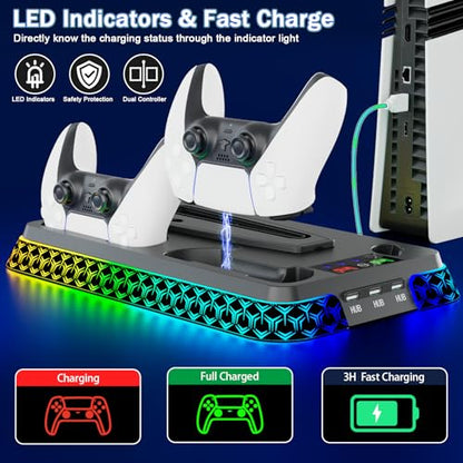 PS5/Slim/Pro Cooling Station for PlayStation 5 Console, PS 5 Cooling & Charging Station with RGB, PS 5 Controller Charger Incl. 3 Level Fan,Headset, PS5/Slim/Pro Accessories Comes 3 USB Ports - color: Y Style-Black