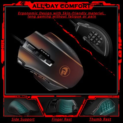 Redragon Gaming Mouse, MMO Mouse Gaming UP 12400 DPI, 19 Macro Programmable Buttons, RGB Mouse with 12 Side Buttons, 8 * 2.4g Weight Tuning for PC Laptop MOBA FPS, M901K, Black - color: Black-k