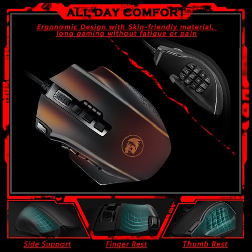 Redragon Gaming Mouse, MMO Mouse Gaming UP 12400 DPI, 19 Macro Programmable Buttons, RGB Mouse with 12 Side Buttons, 8 * 2.4g Weight Tuning for PC Laptop MOBA FPS, M901K, Black - color: Black-k