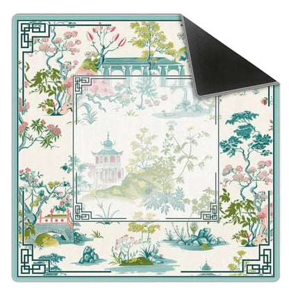 Chinese Garden Teal Green Chinoiserie Pavilion Lake Mahjong Mat 31.5x31.5 Inch, Non-Slip and Noise Reduction Mah Jong Table Mat Cover Gifts for Mahjong Lovers Poker Board Games Dominoes - color: Chinese Garden