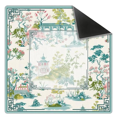 Chinese Garden Teal Green Chinoiserie Pavilion Lake Mahjong Mat 31.5x31.5 Inch, Non-Slip and Noise Reduction Mah Jong Table Mat Cover Gifts for Mahjong Lovers Poker Board Games Dominoes - color: Chinese Garden