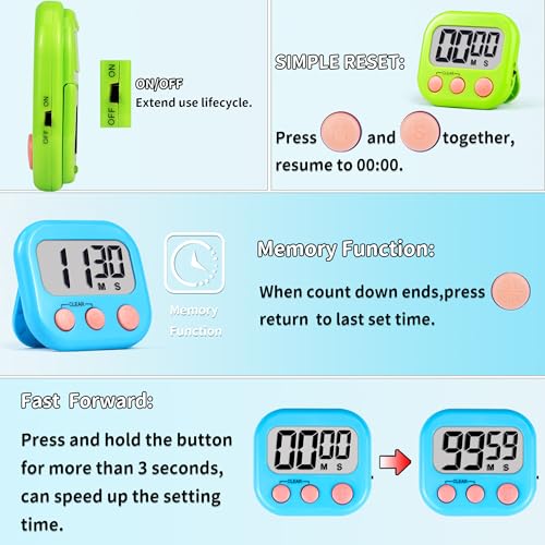 Timer for Kids Teachers Supplies Digital Kitchen Timers for Cooking Large Magnetic Classroom Timer 2Pack-Blue Green - color: Blue Green