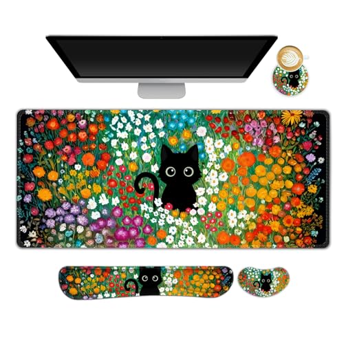 Large Gaming Mouse Pad Set, 4 in1 Ergonomics Keyboard Desk Mat w/Memory Foam Wrist Rest, Computer Extended Game Mousepad, Non-Slip Desk Matt Easy Typing Pain Relief I Multicolored Flower Cat - color: Multicolored Flower Cat