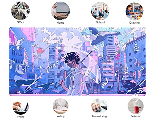 Anime Kawaii Desk Mat Mousepad Cute Japanese Large Gaming Mouse Pad XXL, Pastel Aesthetic Purple Blue Laptop Keyboard Mouse Mat, Magical Fantasy City Girl Gamer Computer Desktop Mat 31.5x15.75 in - color: Blue Purple City Boy