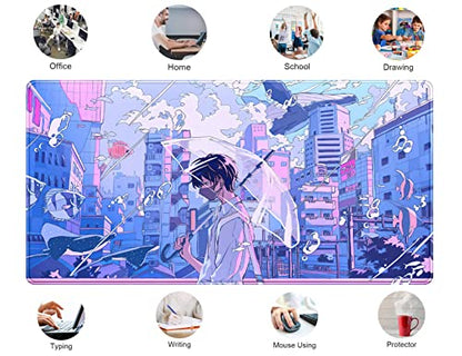 Anime Kawaii Desk Mat Mousepad Cute Japanese Large Gaming Mouse Pad XXL, Pastel Aesthetic Purple Blue Laptop Keyboard Mouse Mat, Magical Fantasy City Girl Gamer Computer Desktop Mat 31.5x15.75 in - color: Blue Purple City Boy
