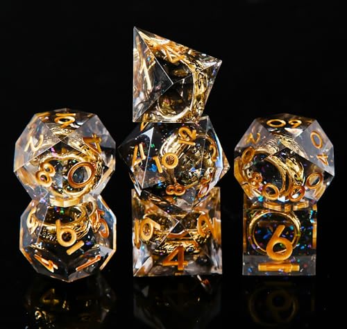 Ring DND Dice Set Sharp Edge Resin Dice,Ring Inclusion Suitable for Lord of the Ring D&D Dice RPG Role Playing Games Suitable for Dungeons and Dragons Polyhedral Dice Set（Black） - color: Gold