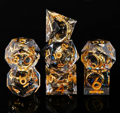 Ring DND Dice Set Sharp Edge Resin Dice,Ring Inclusion Suitable for Lord of the Ring D&D Dice RPG Role Playing Games Suitable for Dungeons and Dragons Polyhedral Dice Set（Black） - color: Gold