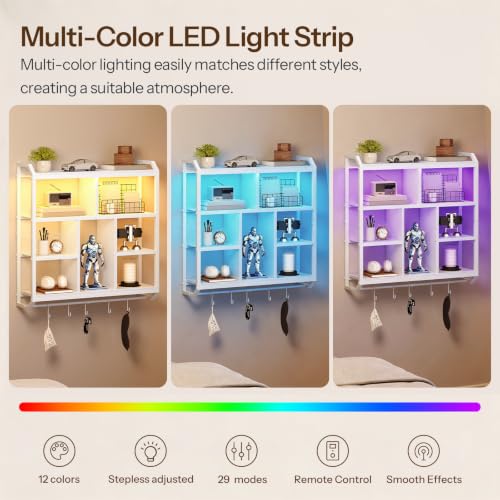 HOOBRO Gaming Floating Shelves with LED Light, 28.1" LED Wall Shelf White | 4-Tier Wall Mounted Shelves for Storage, Floating Wall Shelf Display Rack With Hanging Rod, for Bedroom Game Room Living Room - color: White