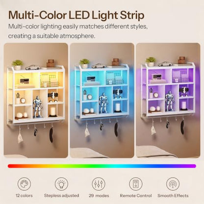 HOOBRO Gaming Floating Shelves with LED Light, 28.1" LED Wall Shelf White | 4-Tier Wall Mounted Shelves for Storage, Floating Wall Shelf Display Rack With Hanging Rod, for Bedroom Game Room Living Room - color: White