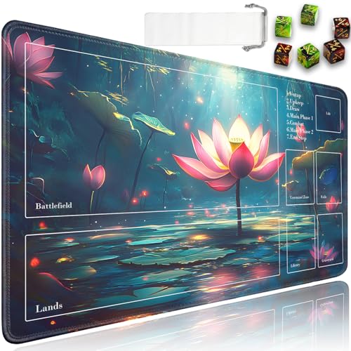 for MTG Playmat with Zones, for TCG Playmat and Board Game Mat with Storage Bag and 6 Dice, 24x14in Non-Slip for MTG Mat, Lotus Pond Night Scene Pattern Magic Trading Card Mat Mousepad - color: Jv-playmat-p7-2k-d119