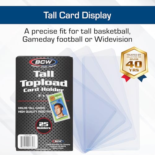 BCW Tall Card Topload Holders – 25 Pack | Premium Top Loaders for Sports Trading Cards | Fits Tall Basketball, Football, Widevision Cards | Clear Rigid Toploader Card Protectors