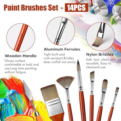 14pcs Acrylic Paint Brushes, Professional Synthetic Bristles Paint Brush Set with Extra Palette Knife - Flat, Filbert, Fan, Dagger, Round, Angle, Rigger Paint Brushes for Oil, Acrylic Canvas Paintings - color: Yellow