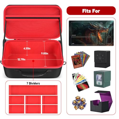 casmilee Deck Box Carrying Case for MTG/TCG Cards with Playmat Straps | 6 Adjustable Dividers, Mesh Pocket, Shoulder Strap, Holds Deck Boxes, Dice and Playmat, Case Only - color: Red