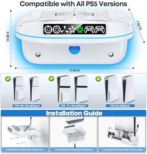 PS 5 Wall Mount Kit with Cooling Fan and Charging Station Compatible with P5/ Slim/ Pro Disc and Digital, PS Five Floating Base Holder Shelf with 9 RGB Lights & 3-Level Fan, P5 Accessories for Gaming