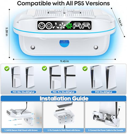 PS 5 Wall Mount Kit with Cooling Fan and Charging Station Compatible with P5/ Slim/ Pro Disc and Digital, PS Five Floating Base Holder Shelf with 9 RGB Lights & 3-Level Fan, P5 Accessories for Gaming