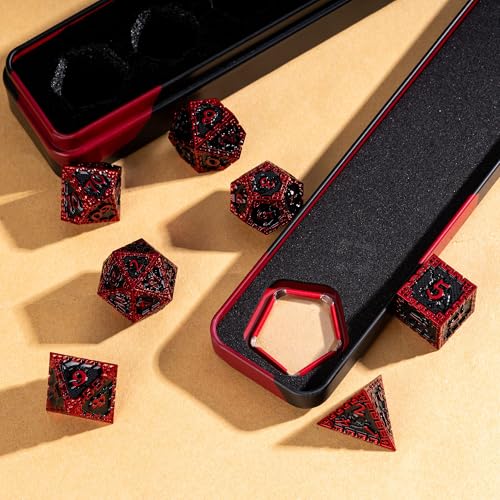 UDIXI Metal DND Dice Set, Metal Dice Set D&D for Tabletop Games (Black Red) | 7-Pieces, Dragon Carved, Chain-edge Design, Metal Gift Box, DM Gift, for Dungeons and Dragons Role Playing Games - color: Chain Frame-red Black