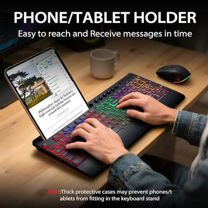 Hamile Wireless Keyboard and Mouse Combo:RGB Backlit Effects,Ergonomic Full Size Silent Keyboard,Wrist Rest,2.4G Rechargeable with Phone Holder Compatible with Windows, Mac,PC,Laptop, Black