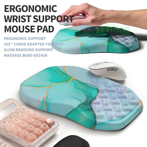 2-in-1 Ergonomic Set, Wave Keyboard Wrist Rest and Massage Slope Mouse Pad Wrist Support, Rebound Memory Foam for Relieve Carpal Tunnel Syndrome and Wrist Pain (Green Gold Marble) - color: Green Gold Marble