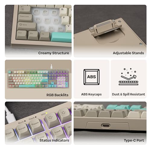 MechLands Aula S102 Membrane Gaming Keyboard with Number Pad, 100% Full Size Layout, USB-C Wired, RGB Backlit, Creamy Silicone Structure, Silent Keyboard for PC Game/Office (Grey) - color: Grey