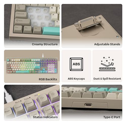 MechLands Aula S102 Membrane Gaming Keyboard with Number Pad, 100% Full Size Layout, USB-C Wired, RGB Backlit, Creamy Silicone Structure, Silent Keyboard for PC Game/Office (Grey) - color: Grey