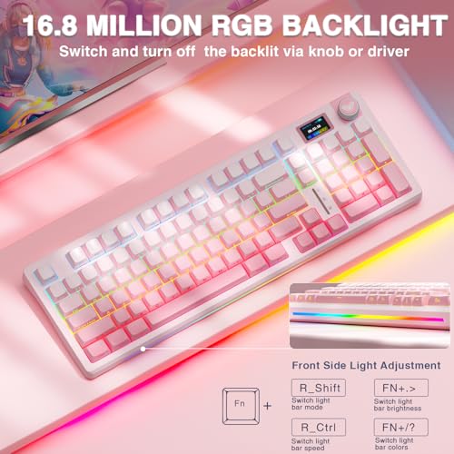 AULA S98 Pro Wireless Mechanical Keyboard with Screen & Knob,2.4GHz/USB-C/BT5.0 Hot Swappable Pink Creamy Keyboard,Pre-lubed Linear Switches,Side Printed PBT Keycaps,RGB Backlit Gaming Keyboards - color: Side Printed Pink