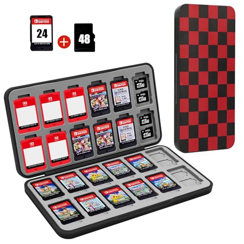 FYY Nintendo Switch Game Case Holder for Switch 2 Cartridge, Red Checkered | 24 Game Card Slots & 48 Micro SD Card Slots, Hard Shell, Silicone Lining - color: D-Checkered Red Black