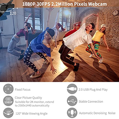 1080P HD Webcam with Microphone and Privacy Cover, USB Plug & Play Computer Camera, 120° Wide Angle Fixed Focus Web Camera for Video Conferencing, Online Learning, Streaming and Gaming