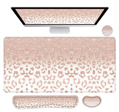 Large Mouse Pad with Wrist Rest, 4-in-1 Wrist Rest for Keyboard and Mouse | Non-Slip Waterproof Desk Mat Set, 35.4"x15.7" Desk Mat+Keyboard Wrist Rest+Mouse Wrist Support+Cup Coaster for Home Office - color: 4Pcs-Rose Gold Leopard