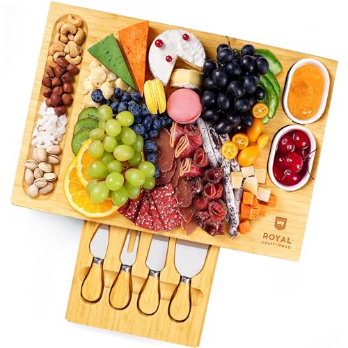 ROYAL CRAFT WOOD Bamboo Cheese Board and Knife Set with Charcuterie Board & Serving Tray with 4 Stainless Steel Knife & Thick Wooden Server with Bowls and Serveware Accessories - style: 1-4 Guests