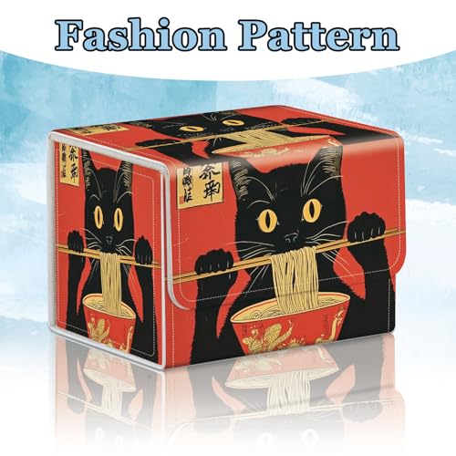 Commander Deck Box for Trading Cards - Fits 100+ Double Sleeved Cards, PU Leather MTG TCG Storage Case with Strong Magnetic Closure, Cat Eating Ramen - color: Cat Eating Ramen