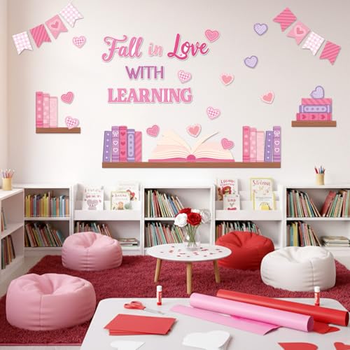 TICIAGA Pink Heart Book Learning Bulletin Board - 62Pcs Back to School Bookshelf Fall in Love with Learning Pink Heart Cutout Border Book Flag Banner for February School Library Classroom Wall Decor - style: Valentines