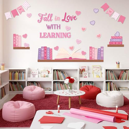 TICIAGA Pink Heart Book Learning Bulletin Board - 62Pcs Back to School Bookshelf Fall in Love with Learning Pink Heart Cutout Border Book Flag Banner for February School Library Classroom Wall Decor - style: Valentines