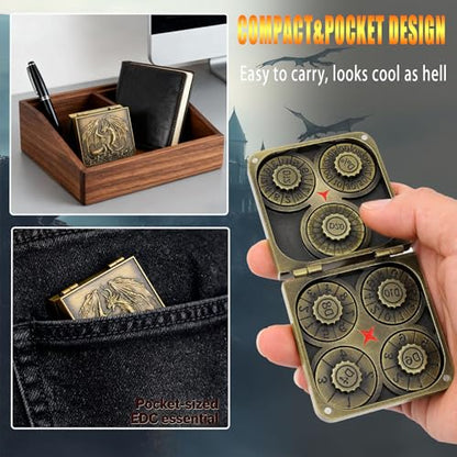 Metal DND Dice Set 7-in-1 D4-D20 3D Dragon Case Leather Bag Gold | 7 in 1 metal polyhedral dice. D4-D20 dnd spinner. 3D dragon case. Leather storage bag. Zinc alloy. DND RPG TTRPG gift. - color: Glod