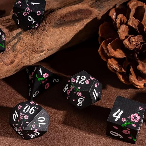 UDIXI Black Metal Dice Set D&D, 7PCS Flower Metal DND Dice Set for RPG | Pink Flower, Metal Case Packaging, Heavy Metal Dice, D&D Gift, for Dungeons and Dragons Role Playing Games Tabletop Games - color: Black-white
