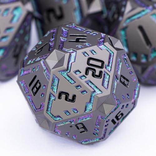 Metal DND Sci-fi Dice Set 7PCS Stripe Polyhedral Dice for Dungeons Dragons RPG Role Playing Game, Glitter D and D Dice with Gift Box D6 D8 D10 D12 D20 (Black&Green Purple) - color: Black - Green Purple