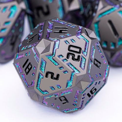 Metal DND Sci-fi Dice Set 7PCS Stripe Polyhedral Dice for Dungeons Dragons RPG Role Playing Game, Glitter D and D Dice with Gift Box D6 D8 D10 D12 D20 (Black&Green Purple) - color: Black - Green Purple
