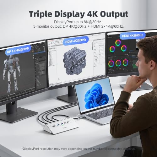 Docking Station 3 Monitors, intpw 13 in 1 USB C Docking Station with 8K DP + 2 HDMI 4K@60Hz, 10Gbps USB A/C, 2 PD 45W, RJ45, SD/TF, Audio, 65W Adapter+3.9FT Cable, Powered USB C Hub for Mac, Dell, HP