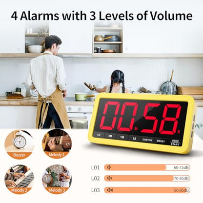 Large 7.8" Digital Timer, Magnetic LED Timer for Kitchen & Classroom | USB-C Rechargeable, Up to 99 Hours Count Up & Countdown Timer with 3 Brightness Levels, 4 Alert Modes and 3 Volume Levels - color: Yellow