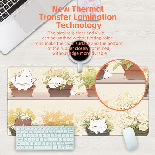 Desk Pad, Cute Cat Potted Plant Desk Mat, Anime Kawaii Cat Large Gaming Mouse Pad for Desk, 31.5"x15.7" Extended Big Computer Keyboard Mouse Pad with Non-Slip Base and Stitched Edge - color: Cute Cat Potted Plant